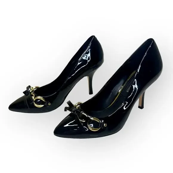 White House Black Market Gabriele Pump Size 6 Black Patent Leather Bow Chain Toe - Picture 8 of 12